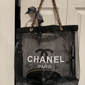 Chanel Black Mesh Tote with Gold Chain